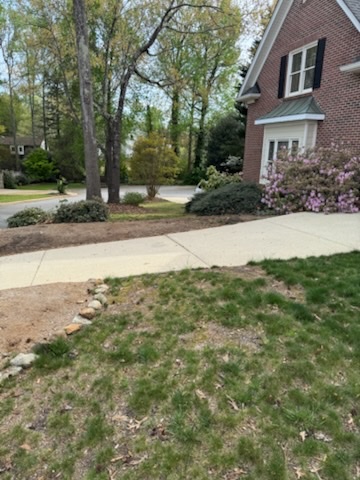 Patchy failing lawn beside a front walkway before sod replacement in Greenville, SC